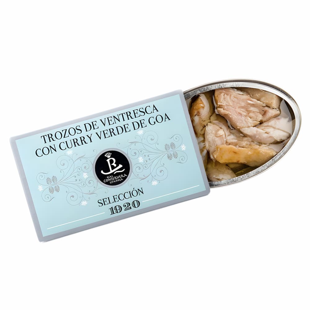 Trozos de Ventresca de Atún Claro en Aceite de Oliva con Curry (Thunfischbauch-Stücke mit Curry) – Selección 1920 Dose à 120 g