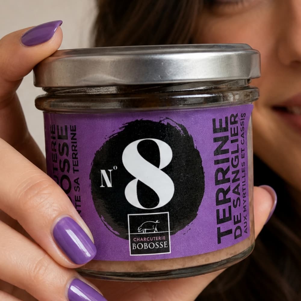 Verrine N°8 : Wildschweinterrine mit Heidelbeeren und schwarzen Johannisbeeren - Bobosse Glas 90 g
