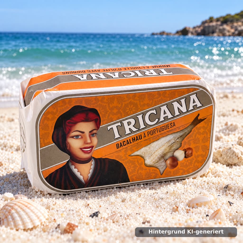 Bacalhau à Portuguesa – Kabeljau mit Zwiebeln in Olivenöl 120g Tricana Conserveira de Lisboa