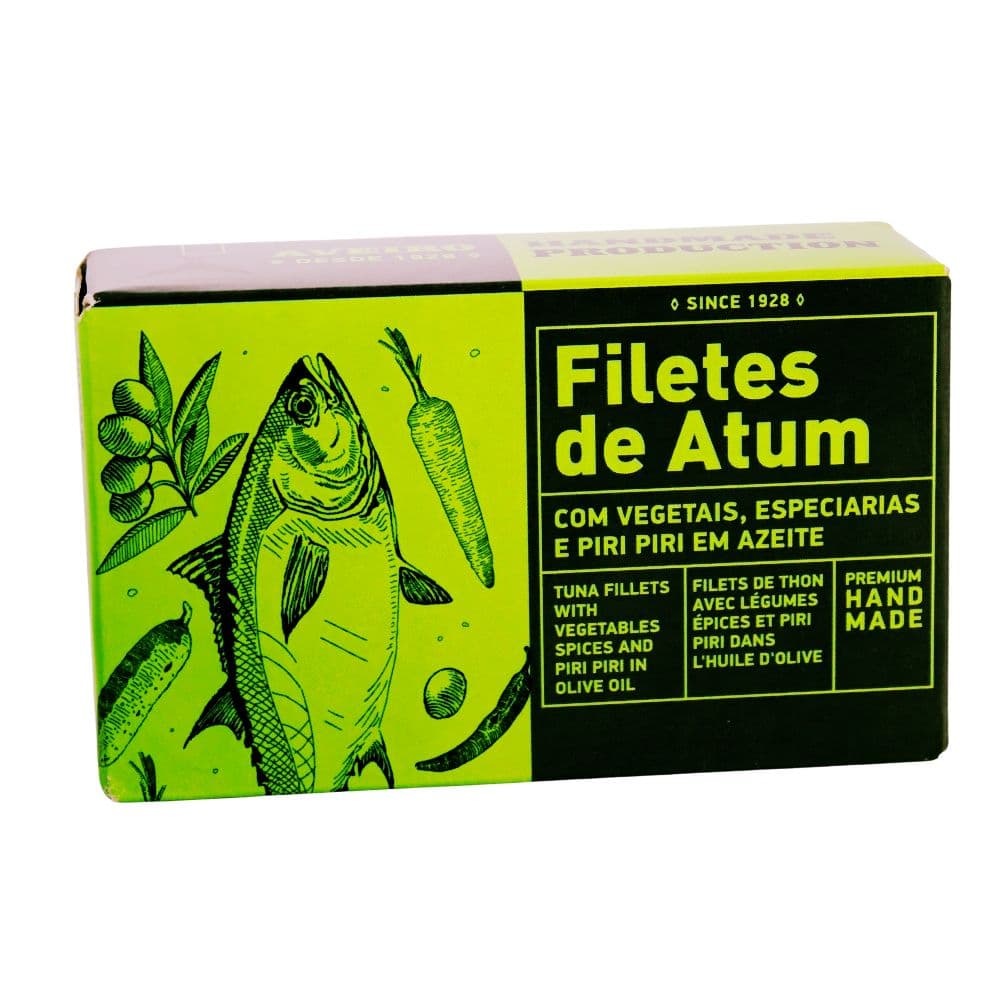 AveiroTuna Fischkonserven Dose à 120 g Thunfischfilets mit Gemüse, Gewürzen und Piri Piri in Olivenöl Maitre Philippe et Filles